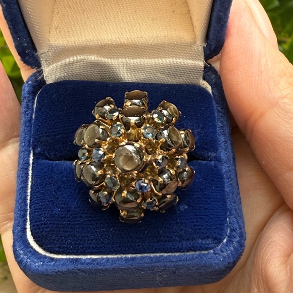14K solid gold natural corn blue sapphire and black star sapphire cluster ring - Picture 4 of 9